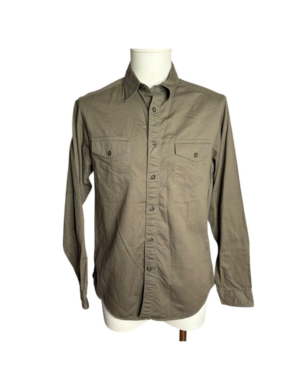Life Khaki Button Up Long Sleeve Shirt S Army Green Pockets Elbow Patches Slim
